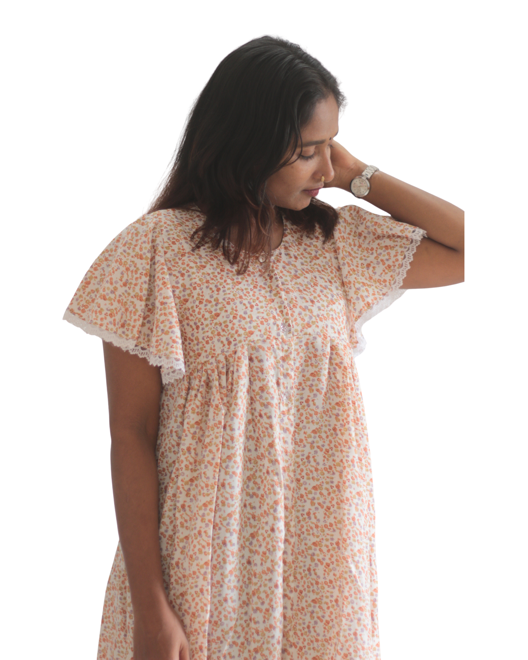 Floral Sleeves Feeding Short Nighty