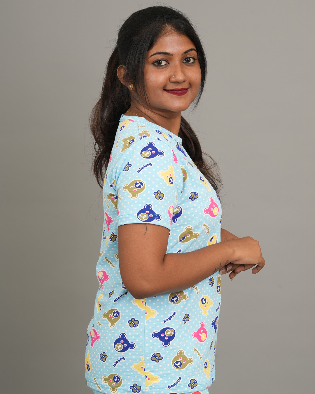 Cartoon Print Blue Cotton T-Shirt