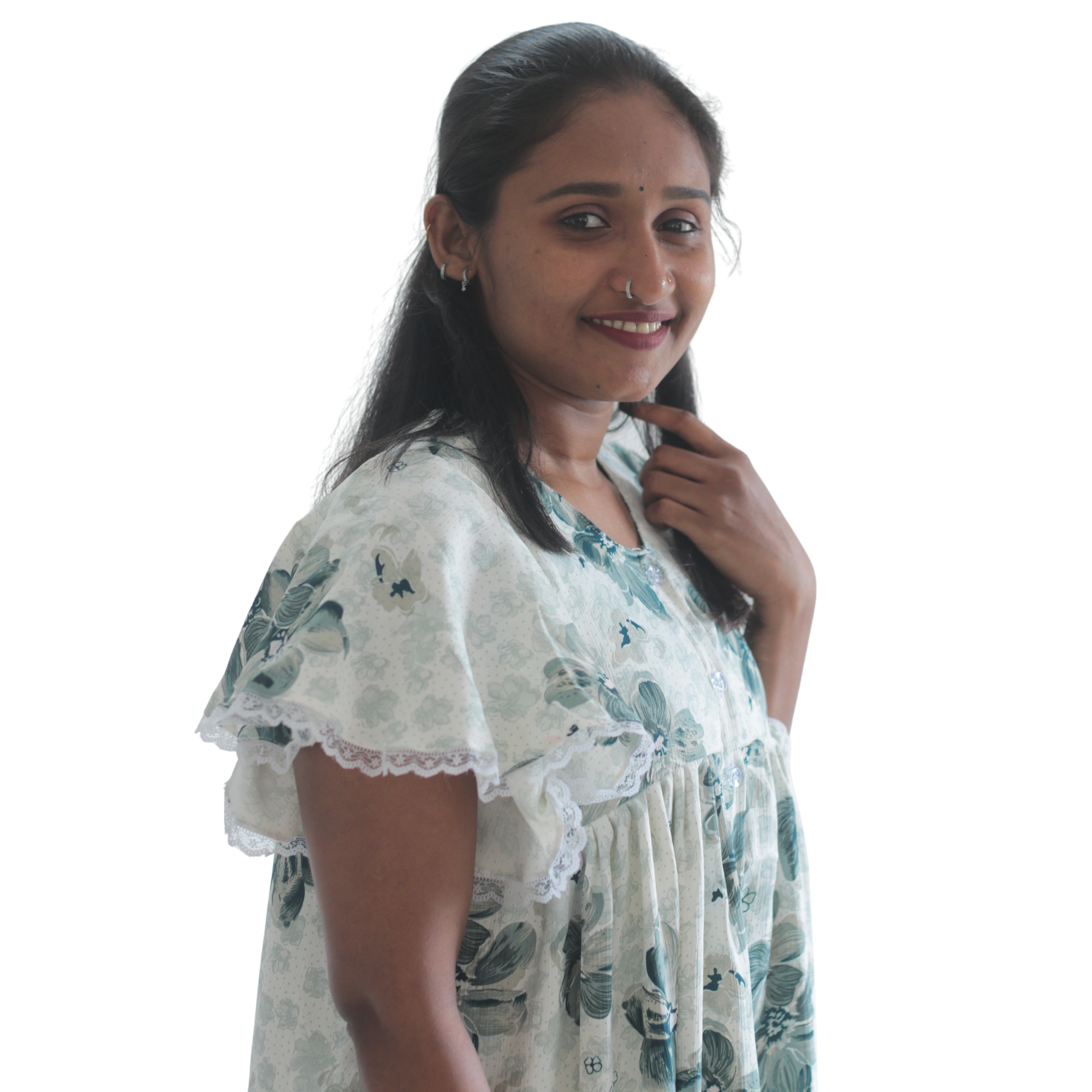 Floral Sleeves Feeding Short Nighty