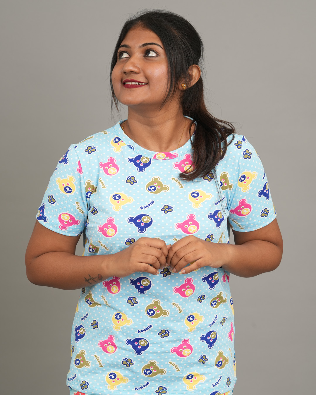 Cartoon Print Blue Cotton T-Shirt