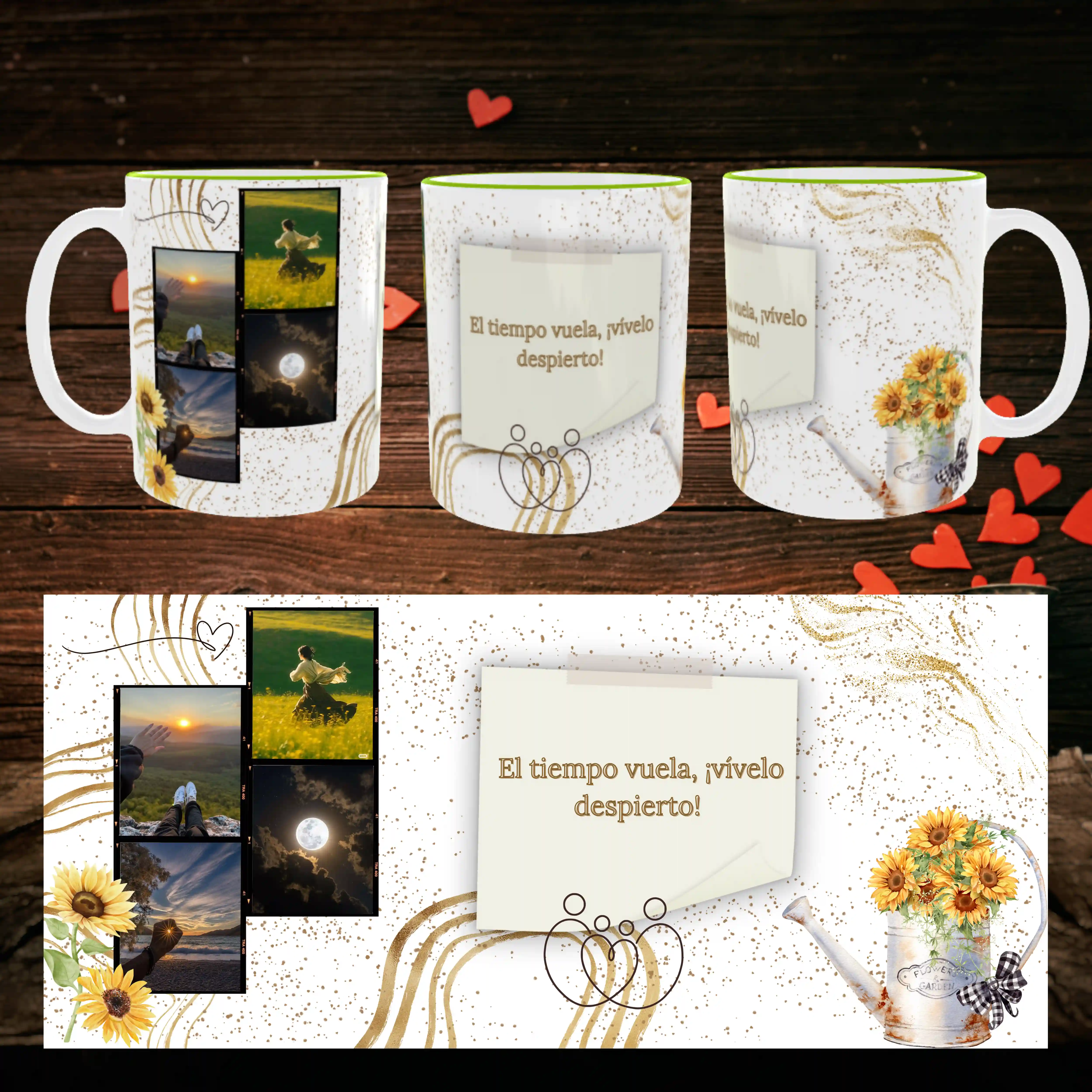TAZA Motivacional “El tiempo vuela” – Diseño Floral Personalizable con Fotos