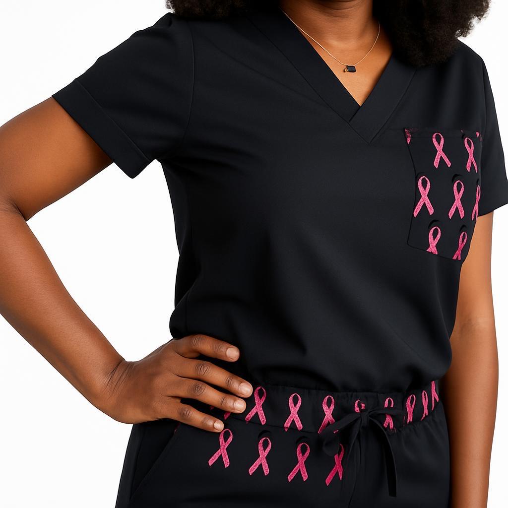 Pink Awareness Women’s Scrub Top – Breast Cancer Ribbon, Comfortable Medical Uniform