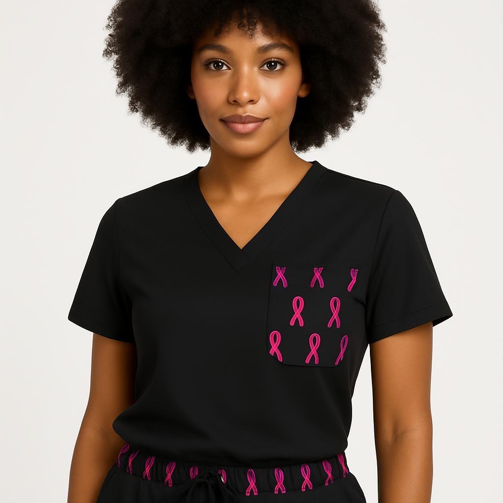 Pink Awareness Women’s Scrub Top – Breast Cancer Ribbon, Comfortable Medical Uniform