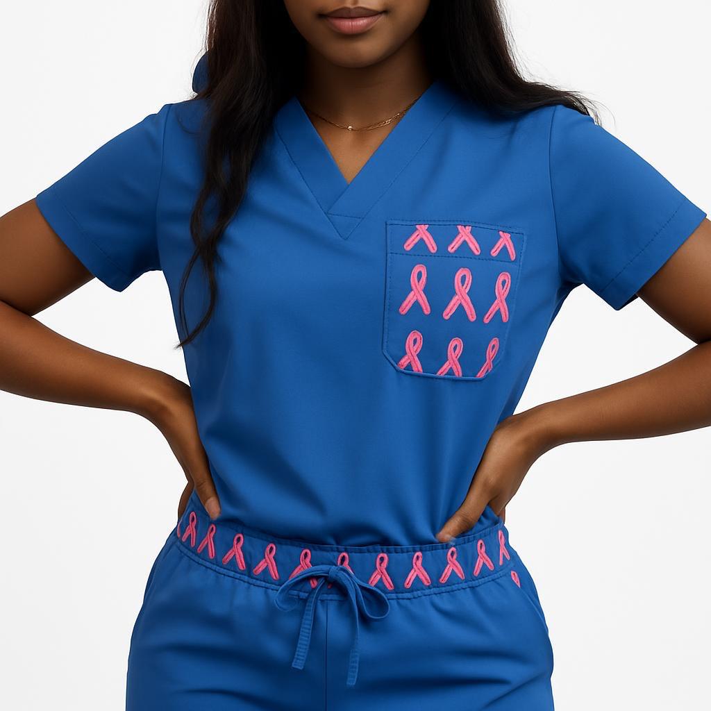 Pink Awareness Women’s Scrub Top – Breast Cancer Ribbon, Comfortable Medical Uniform
