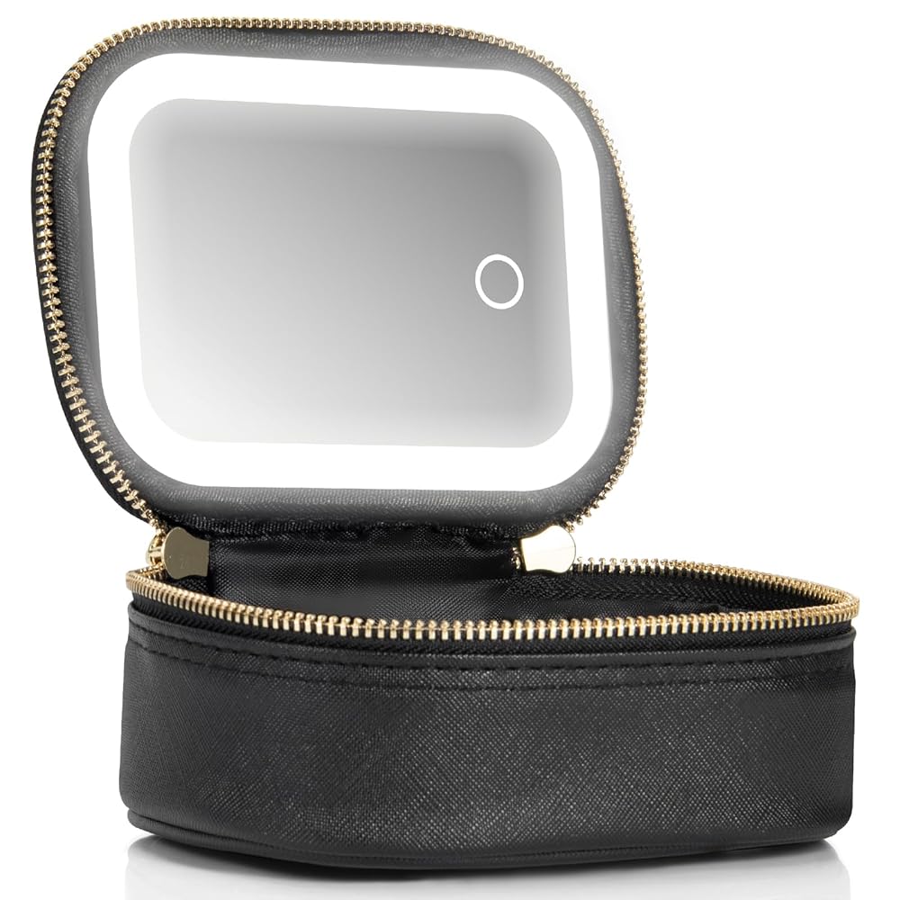 Black Small Makeup Bag Travel Train Case With Mirror And Light Mini Travel Size
