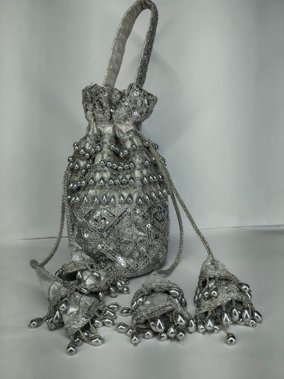 Embroidered Silver Potli Bag