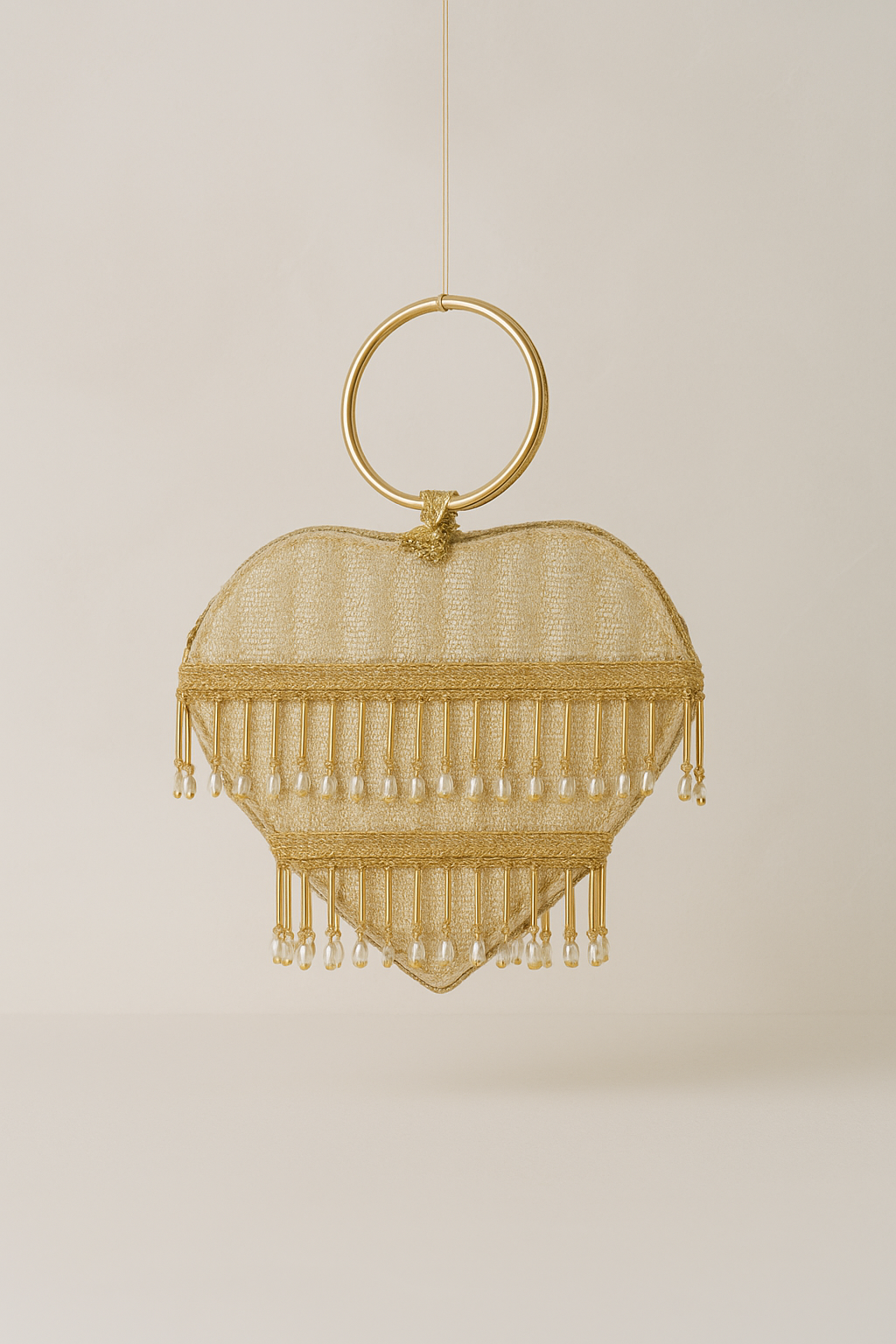 Heart-Shaped Gold Beaded Handbag