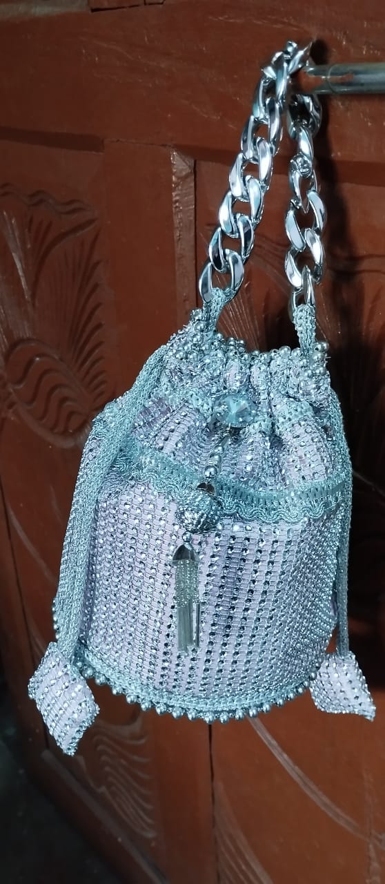 Silver Beaded Bucket Bag