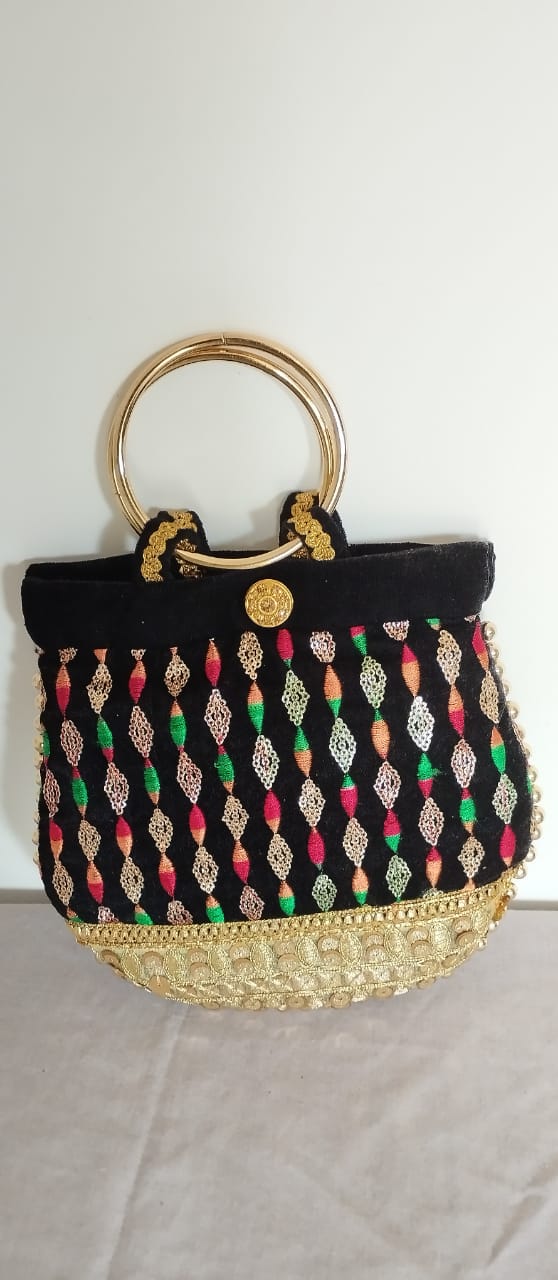 Embroidered Handbag with Gold Handles