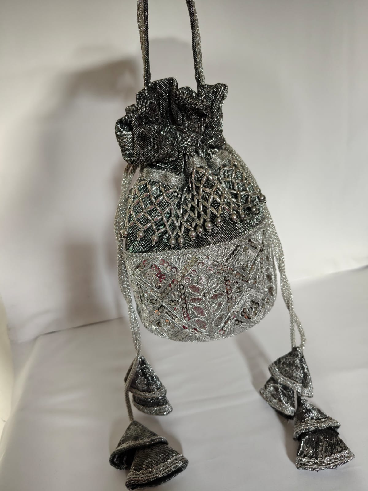 Embroidered Silver Potli Bag