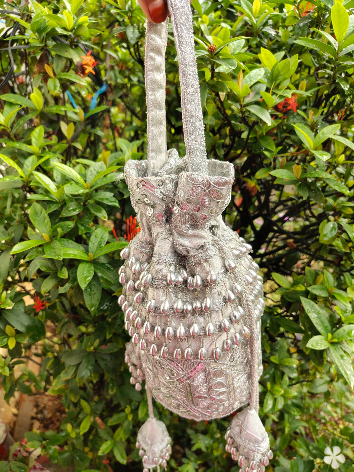 Embroidered Silver Potli Bag
