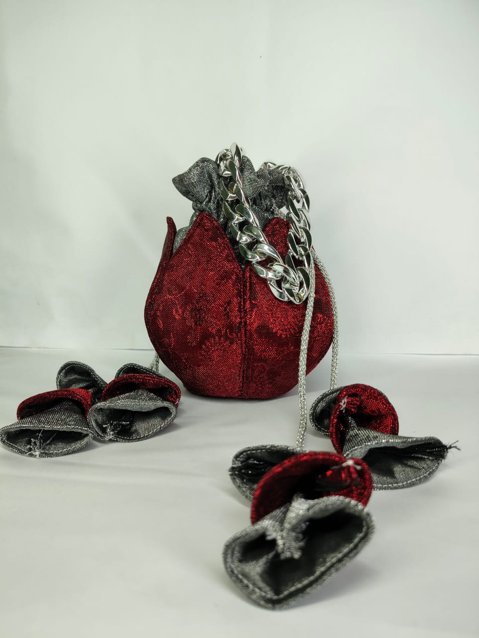 Red velvet pouch bag with silver chain