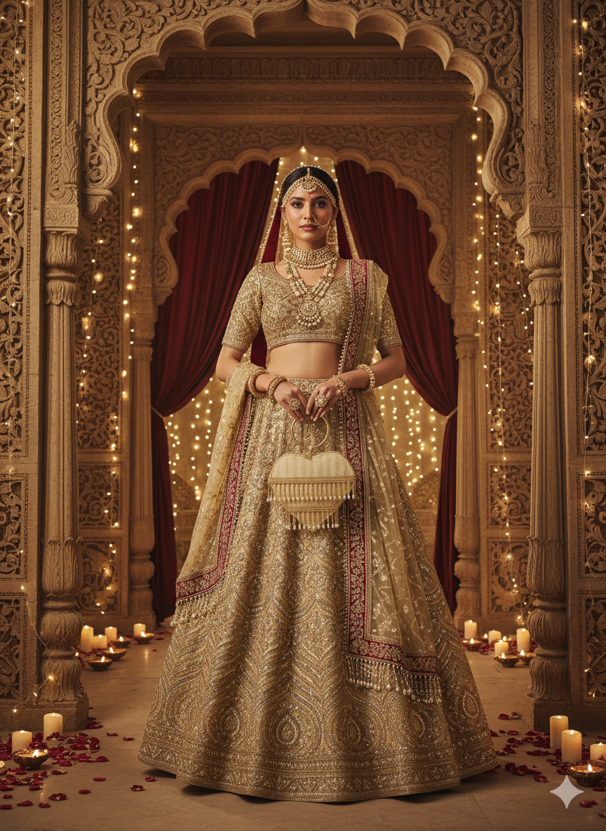 Heart-Shaped Gold Beaded Handbag