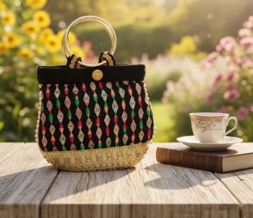 Embroidered Handbag with Gold Handles
