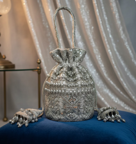 Embroidered Silver Potli Bag