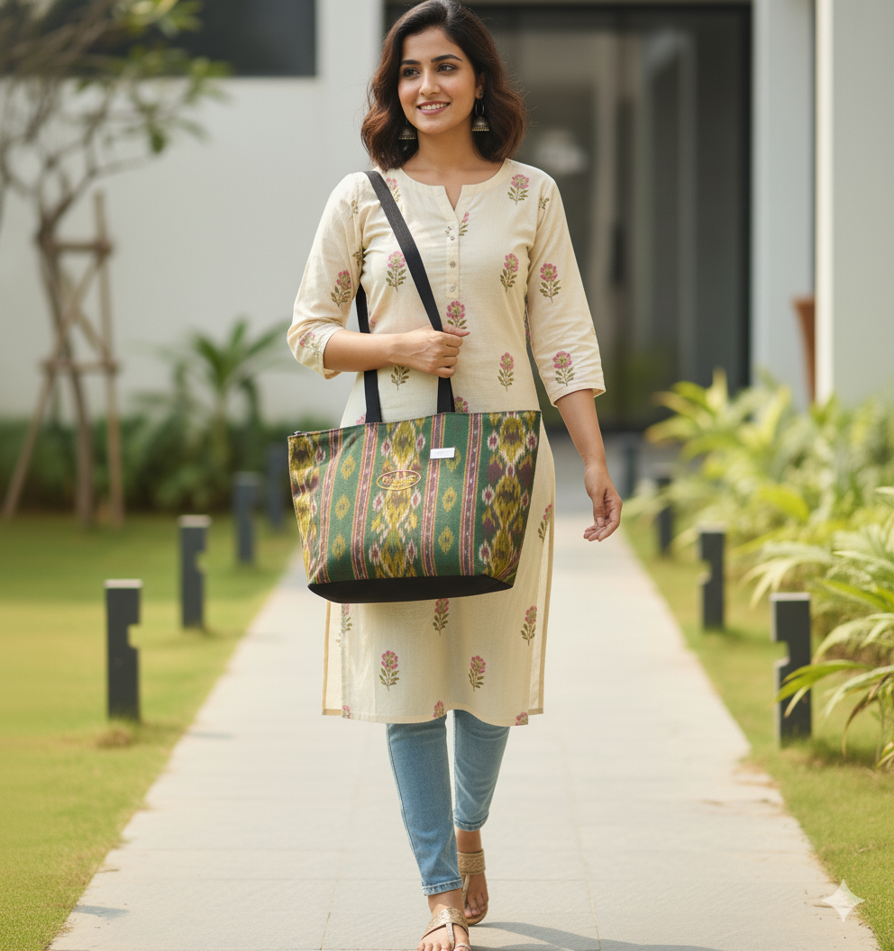 Green Patterned Fabric Tote Bag