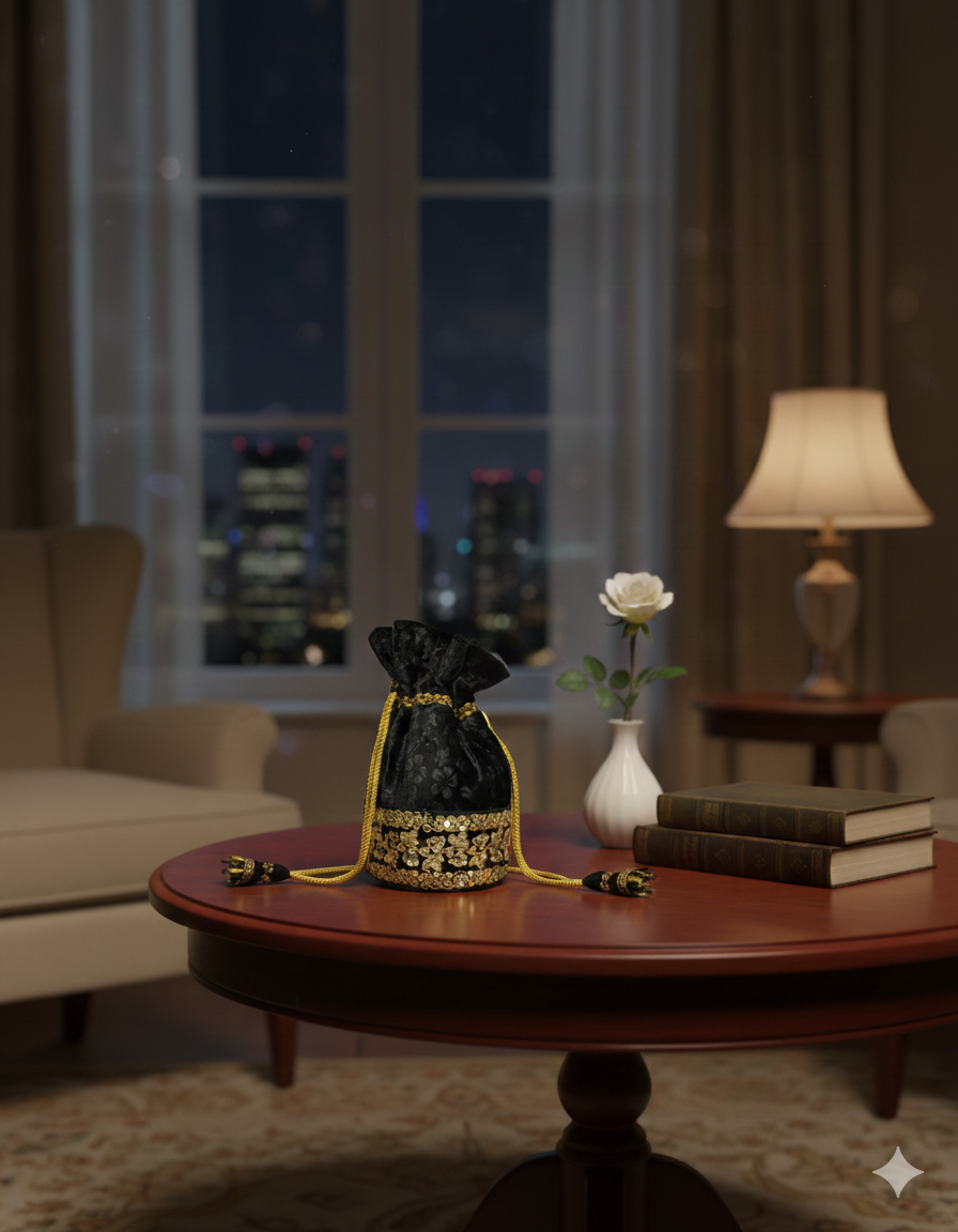 Black and Gold Embroidered Potli Bag