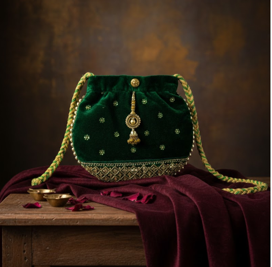Traditional Green Velvet Potli Bag