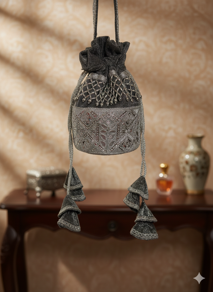Embroidered Silver Potli Bag
