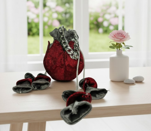 Red velvet pouch bag with silver chain