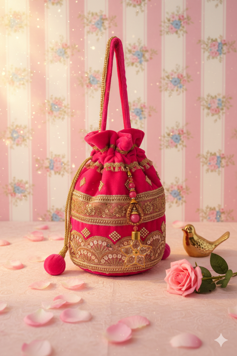 Embroidered Pink Potli Bag