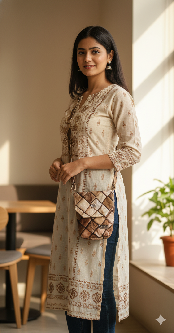 Brown patterned crossbody bag