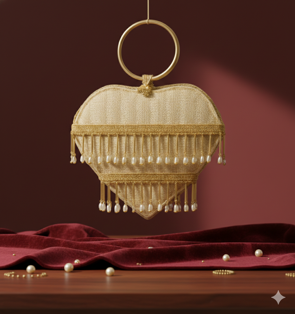 Heart-Shaped Gold Beaded Handbag