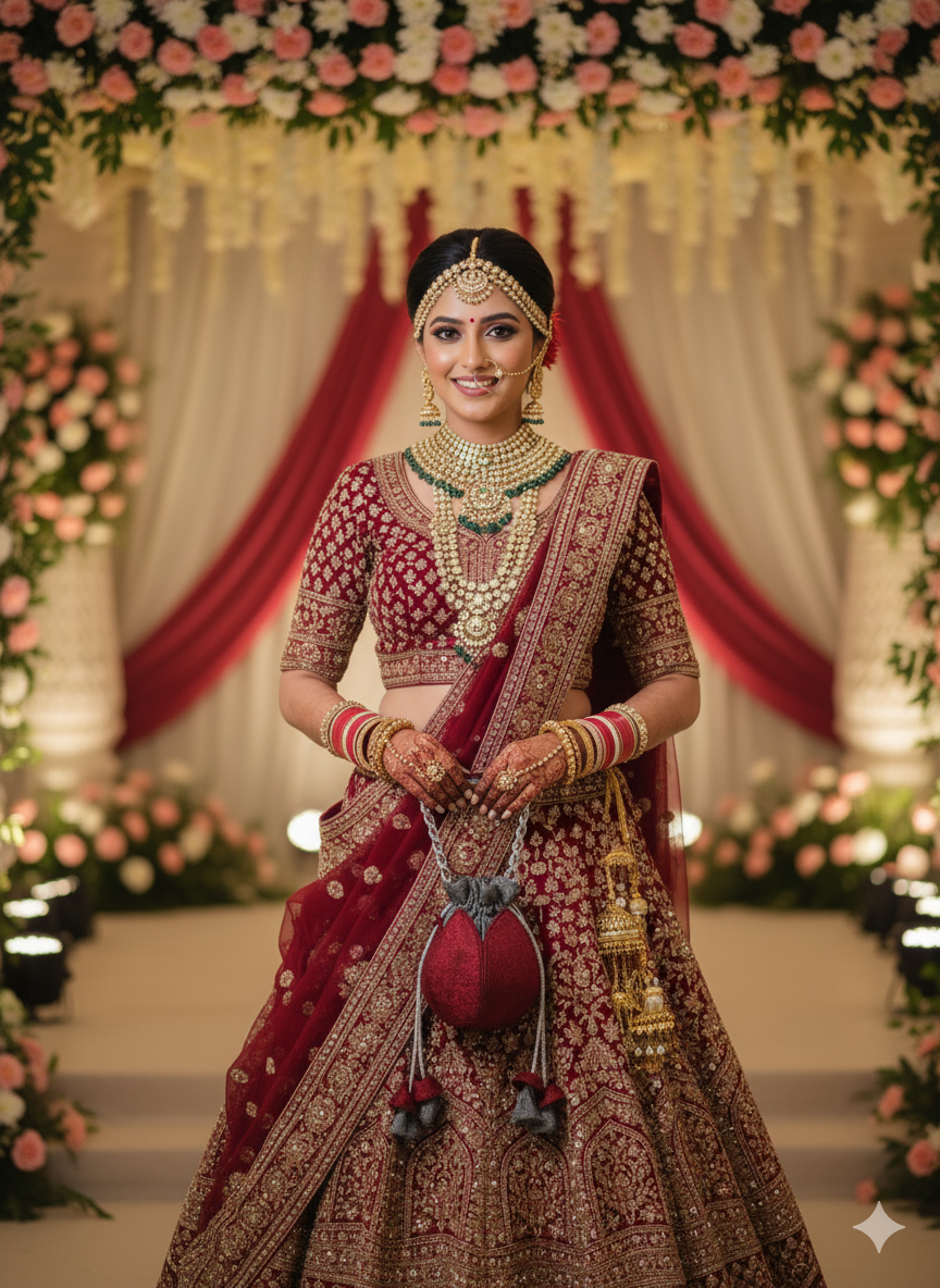 Red velvet pouch bag with silver chain