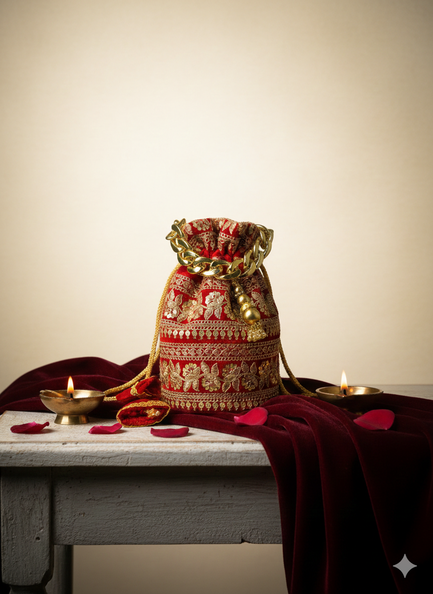 Red embroidered potli bag