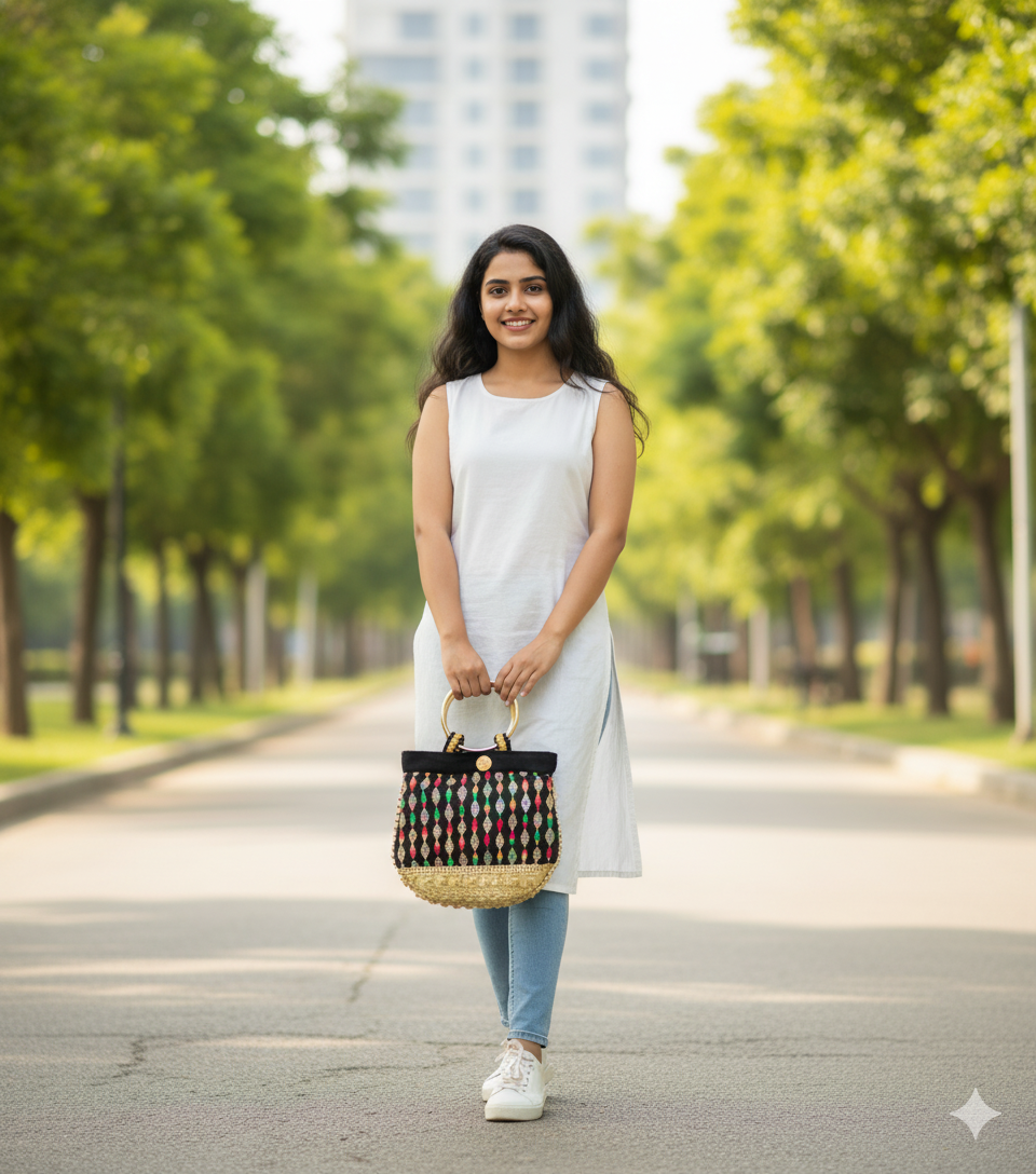 Embroidered Handbag with Gold Handles