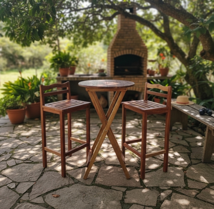 Conjunto Bistrô Dobrável com 2 Banquetas Fixas em Madeira Nobre – Linha Profissional