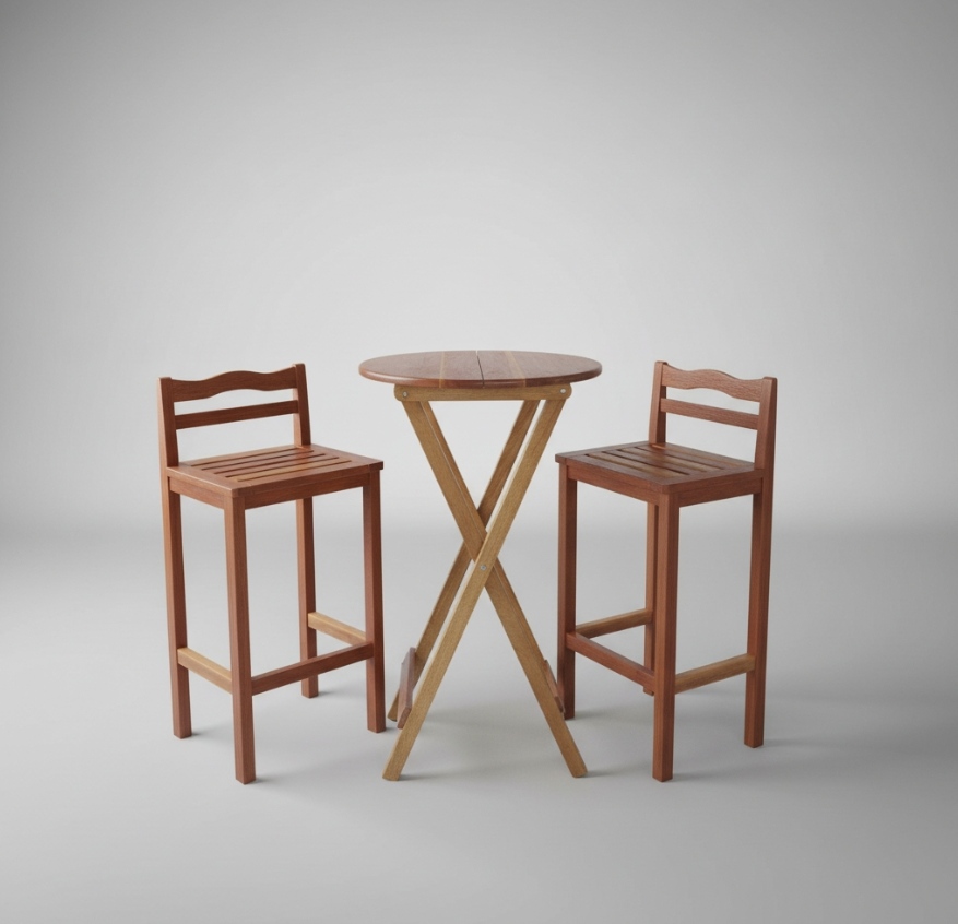 Conjunto Bistrô Dobrável com 2 Banquetas Fixas em Madeira Nobre – Linha Profissional