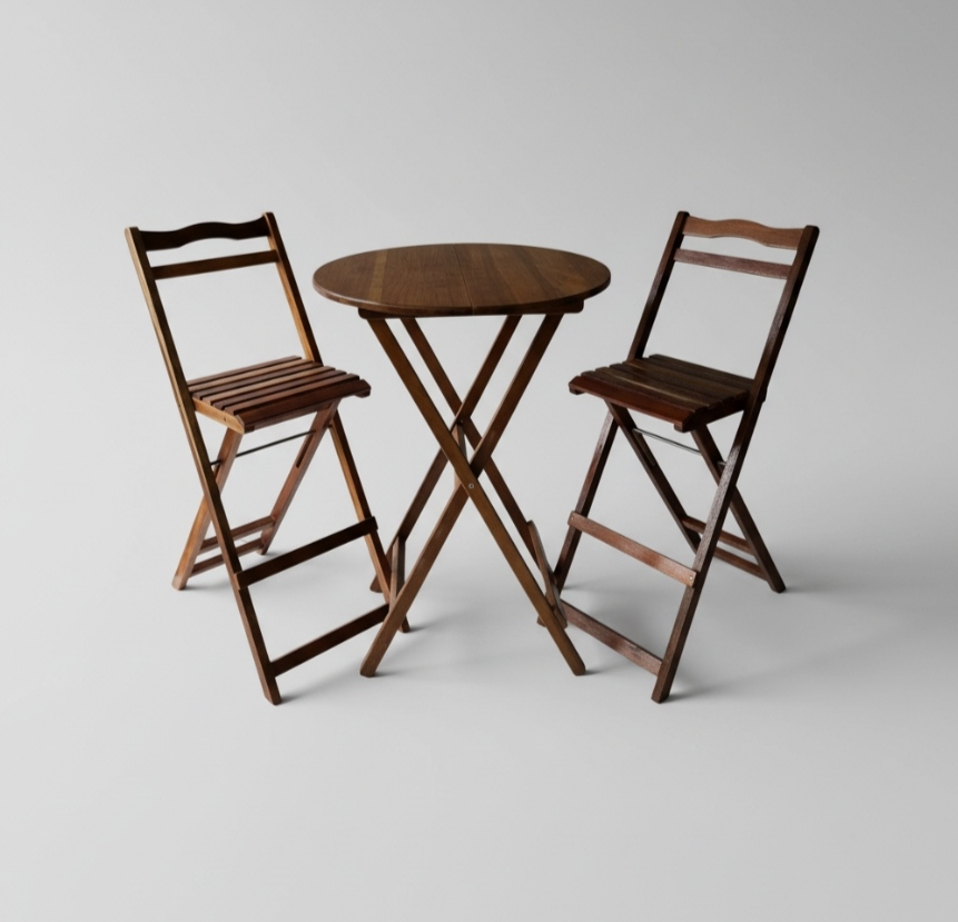 Bistrô Dobrável Redondo em Madeira Nobre com 2 Cadeiras Altas – Linha Profissional