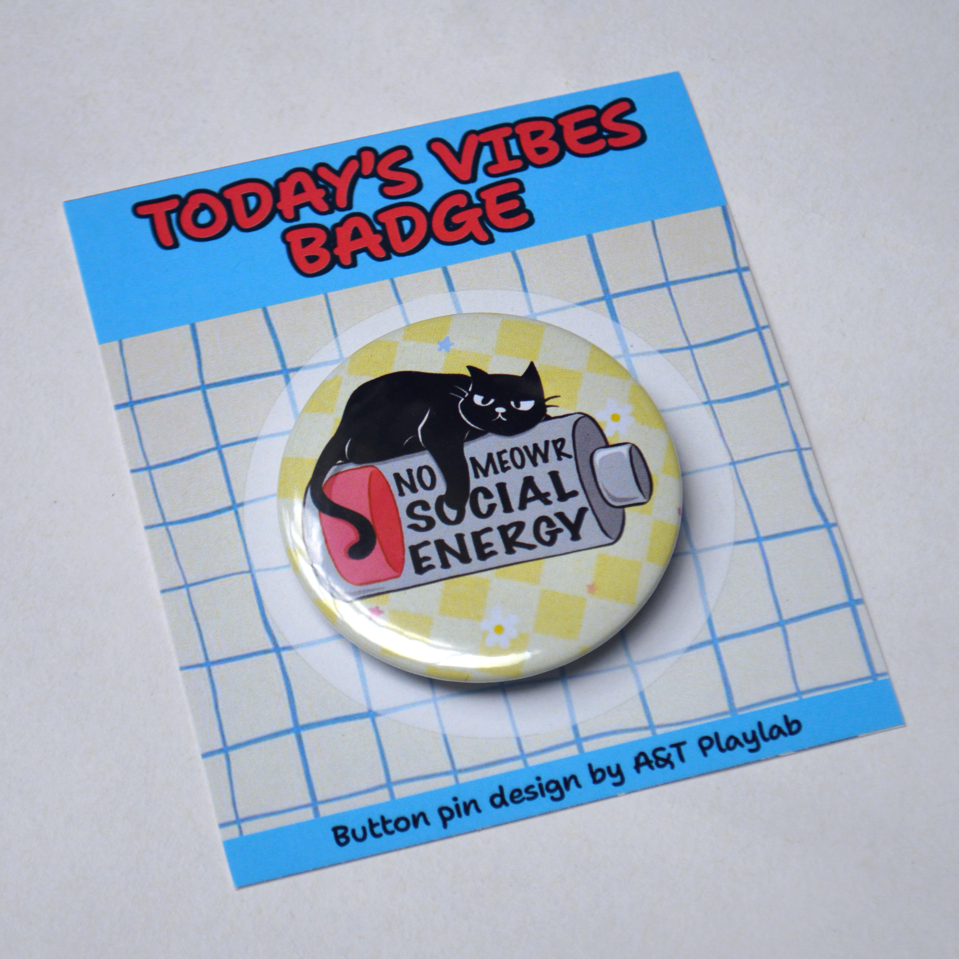 No Social Energy Cat Button Pin