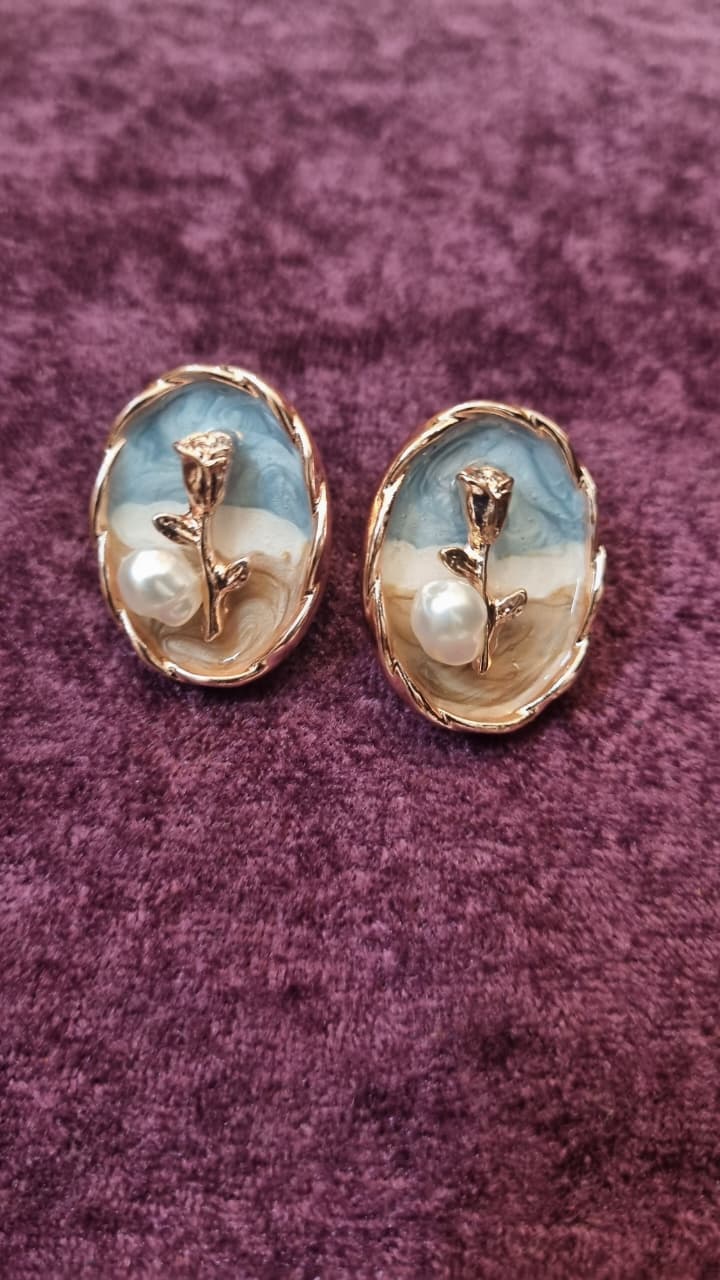 Rose and Pearl Oval Earrings