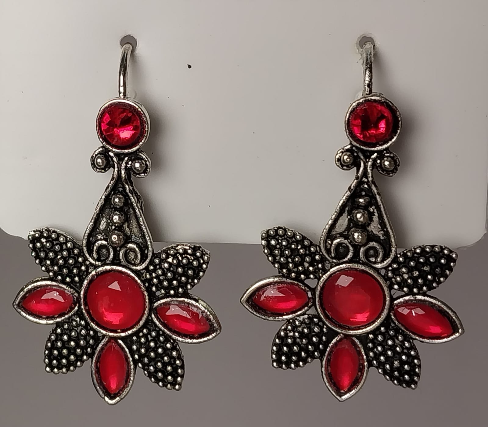 Vintage Silver Flower Earrings with Red Gemstones