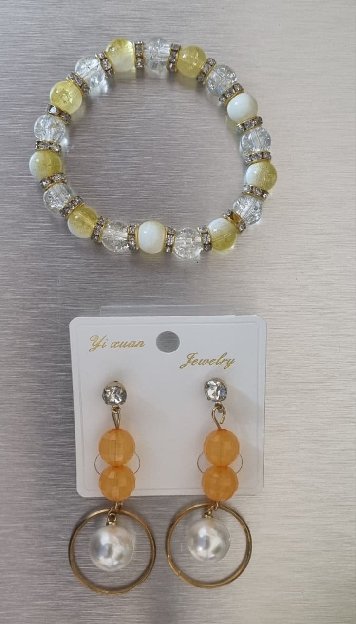 Yellow Beaded Bracelet and Dangling Earrings Set