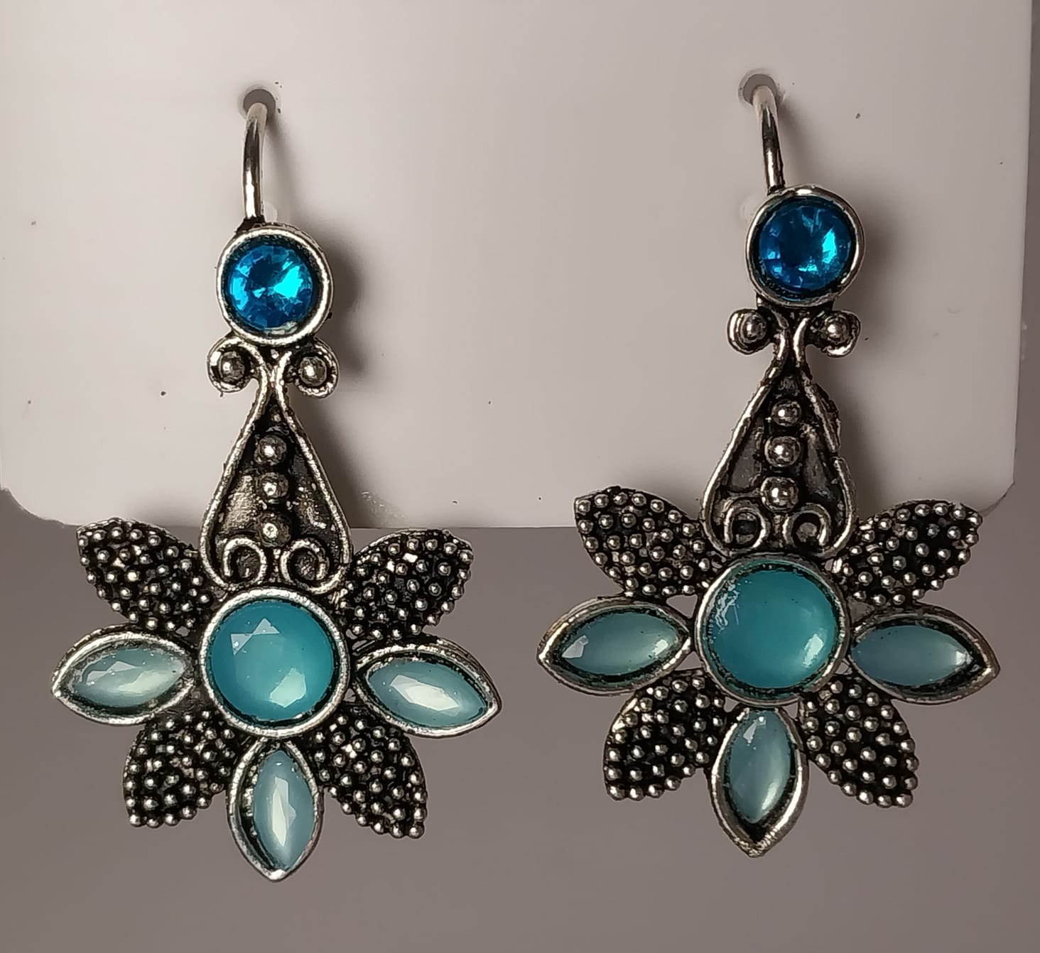 Handcrafted Blue Gemstone Flower Earrings