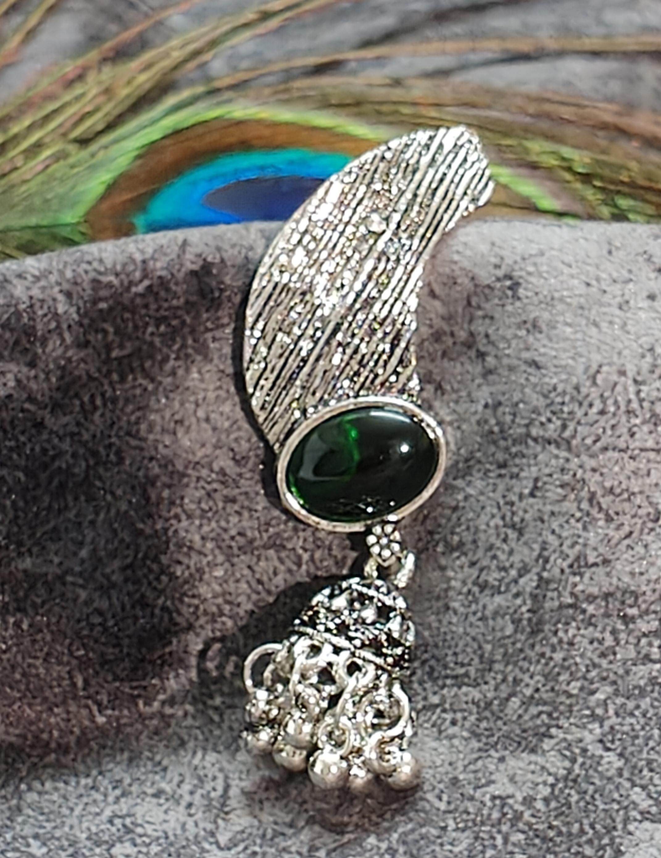 Antique Silver Jhumka with Green Gemstone