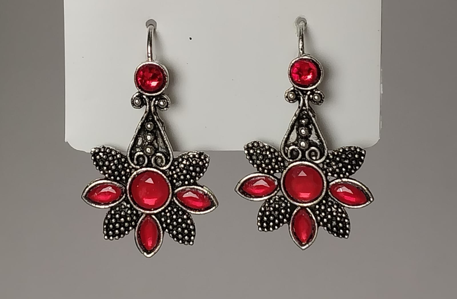 Vintage Silver Flower Earrings with Red Gemstones