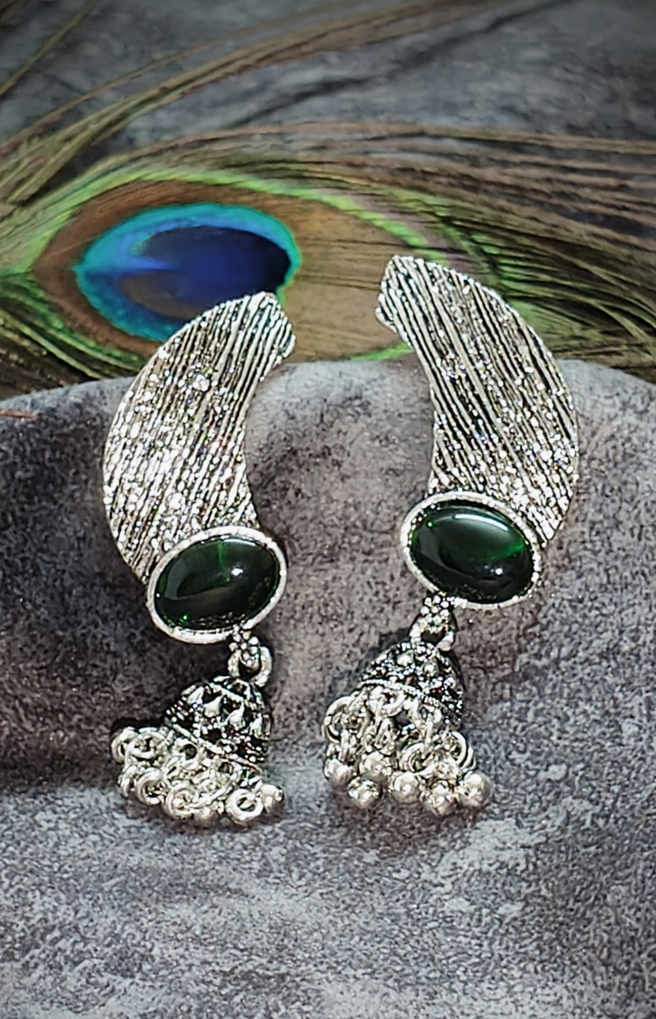 Antique Silver Jhumka with Green Gemstone