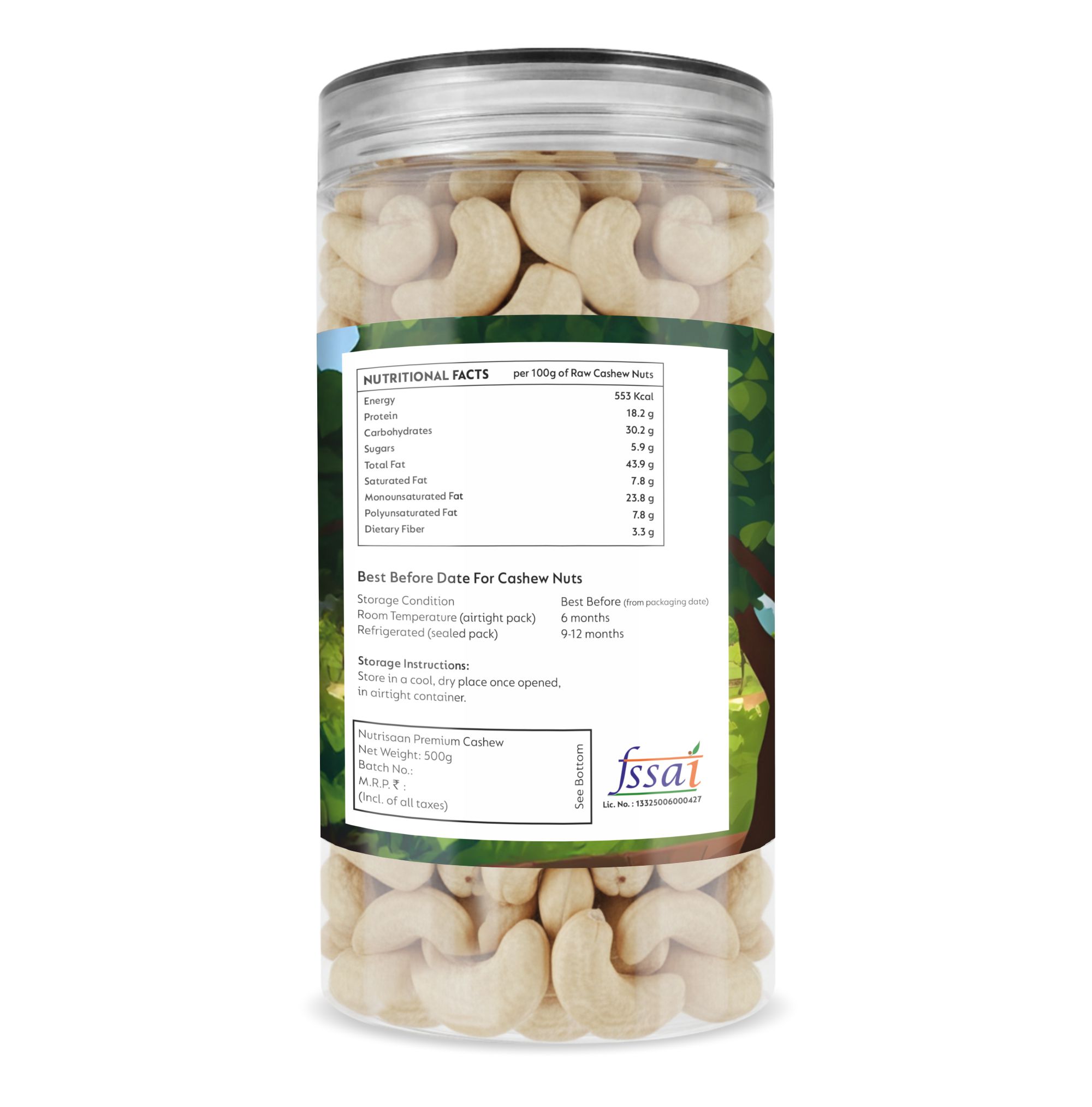 500g Premium Dry Fruits" W210 Cashew – Super Jumbo in Transparent Jar