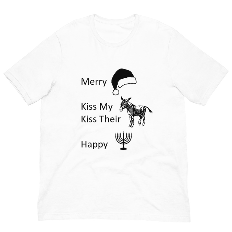 Funny Holiday Unisex T‑Shirt – Christmas & Hanukkah Humor “Merry / Kiss My / Kiss Their / Happy”