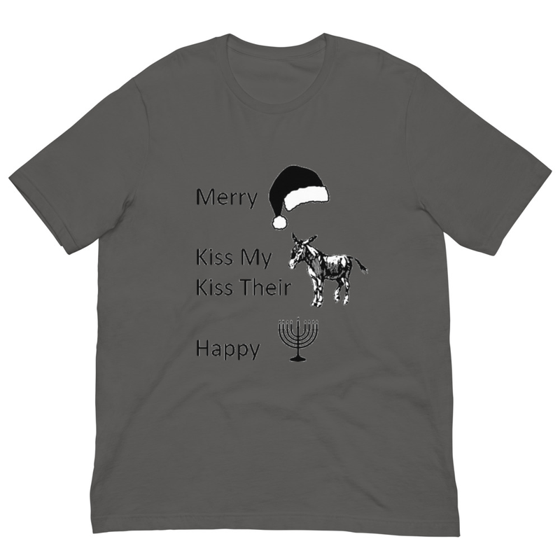 Funny Holiday Unisex T‑Shirt – Christmas & Hanukkah Humor “Merry / Kiss My / Kiss Their / Happy”
