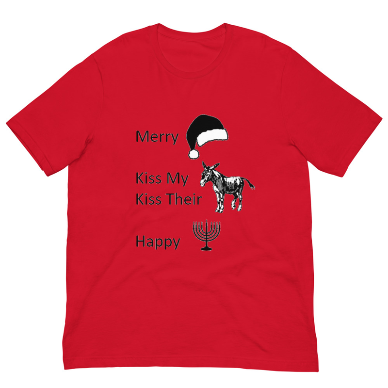 Funny Holiday Unisex T‑Shirt – Christmas & Hanukkah Humor “Merry / Kiss My / Kiss Their / Happy”