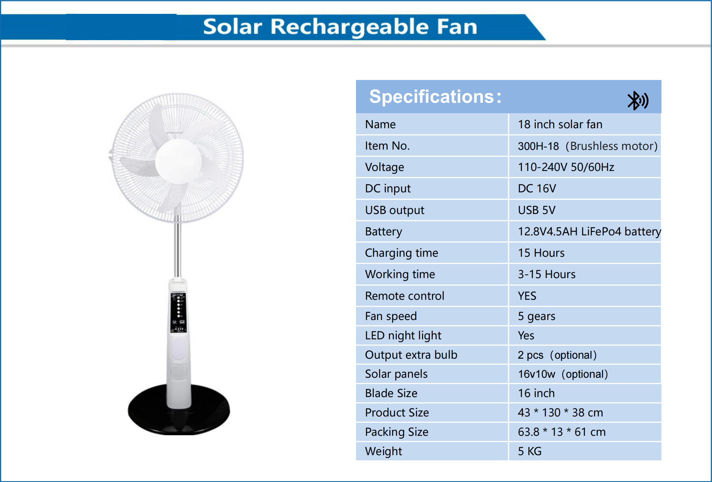 18 Inch Solar Rechargeable Fan