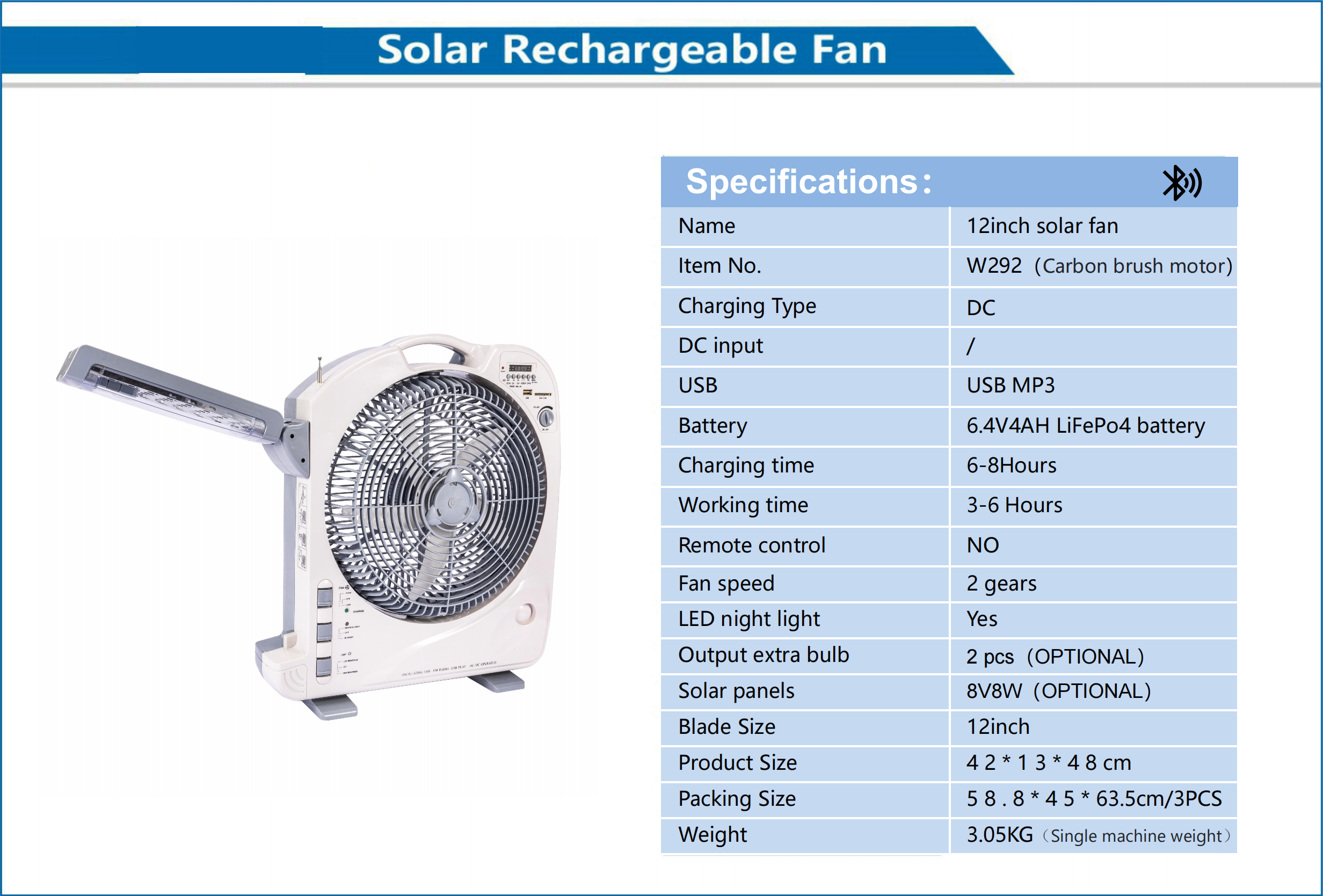 12-Inch Solar Rechargeable Fan