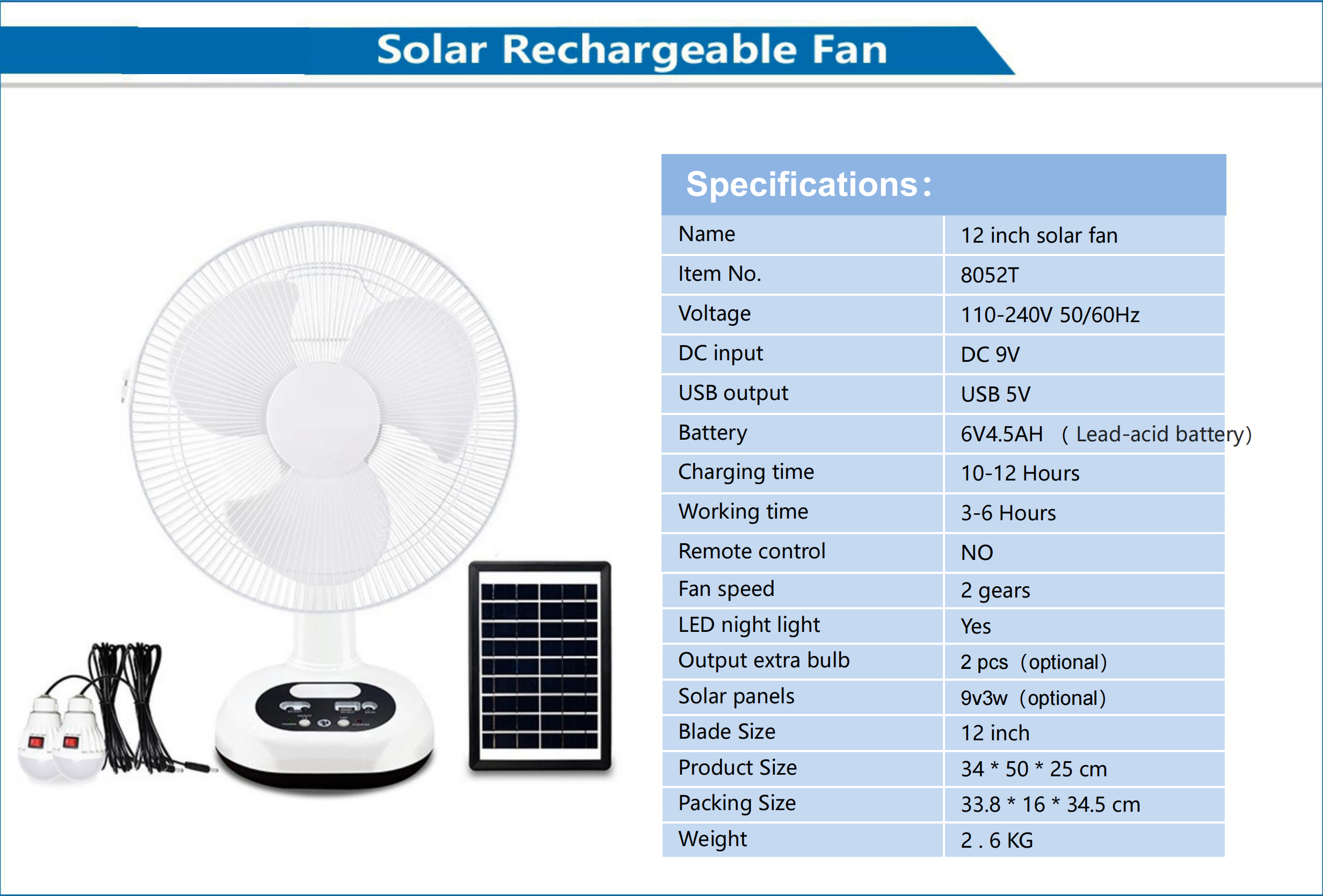 12 Inch Solar Rechargeable Fan