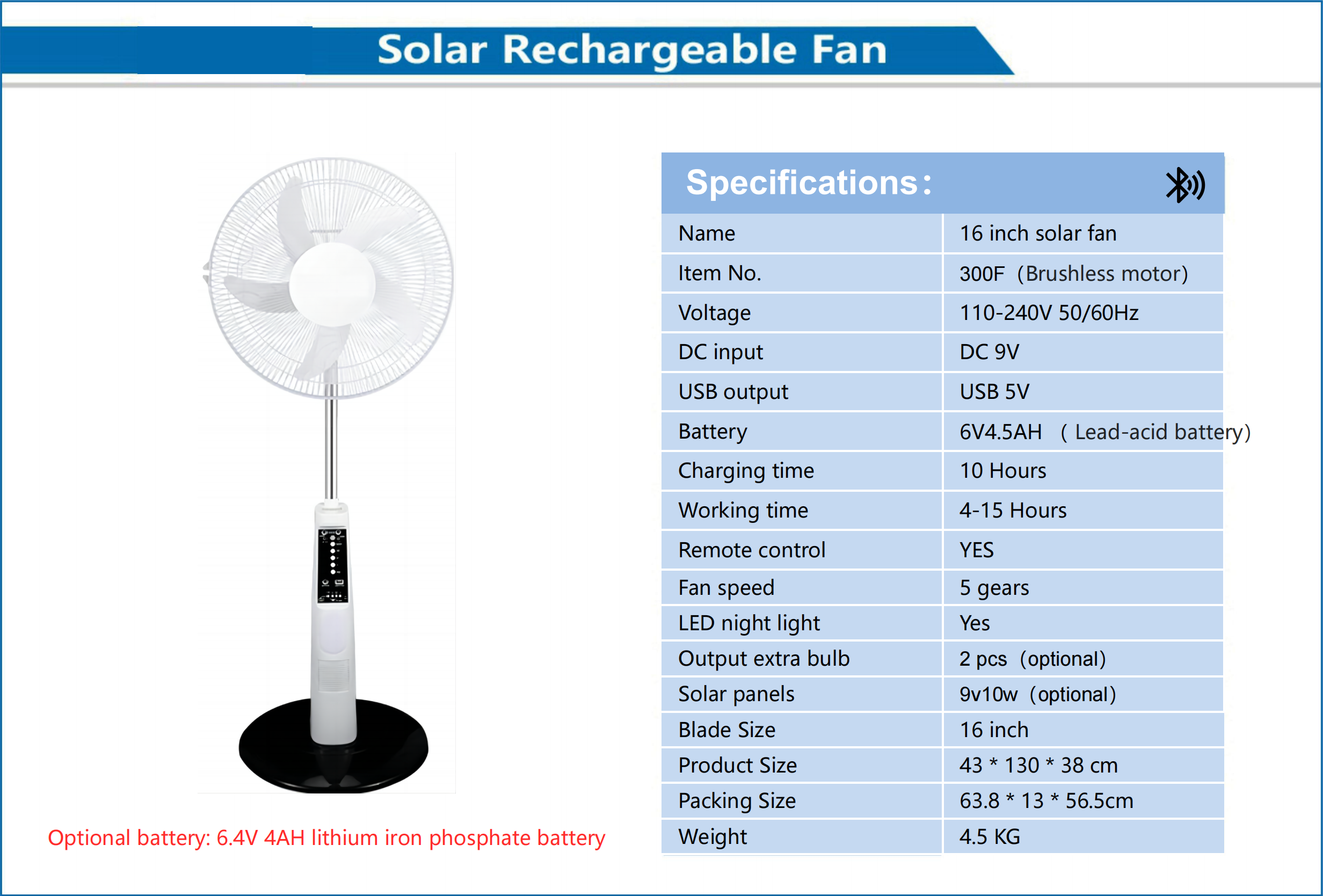 16 Inch Solar Rechargeable Fan