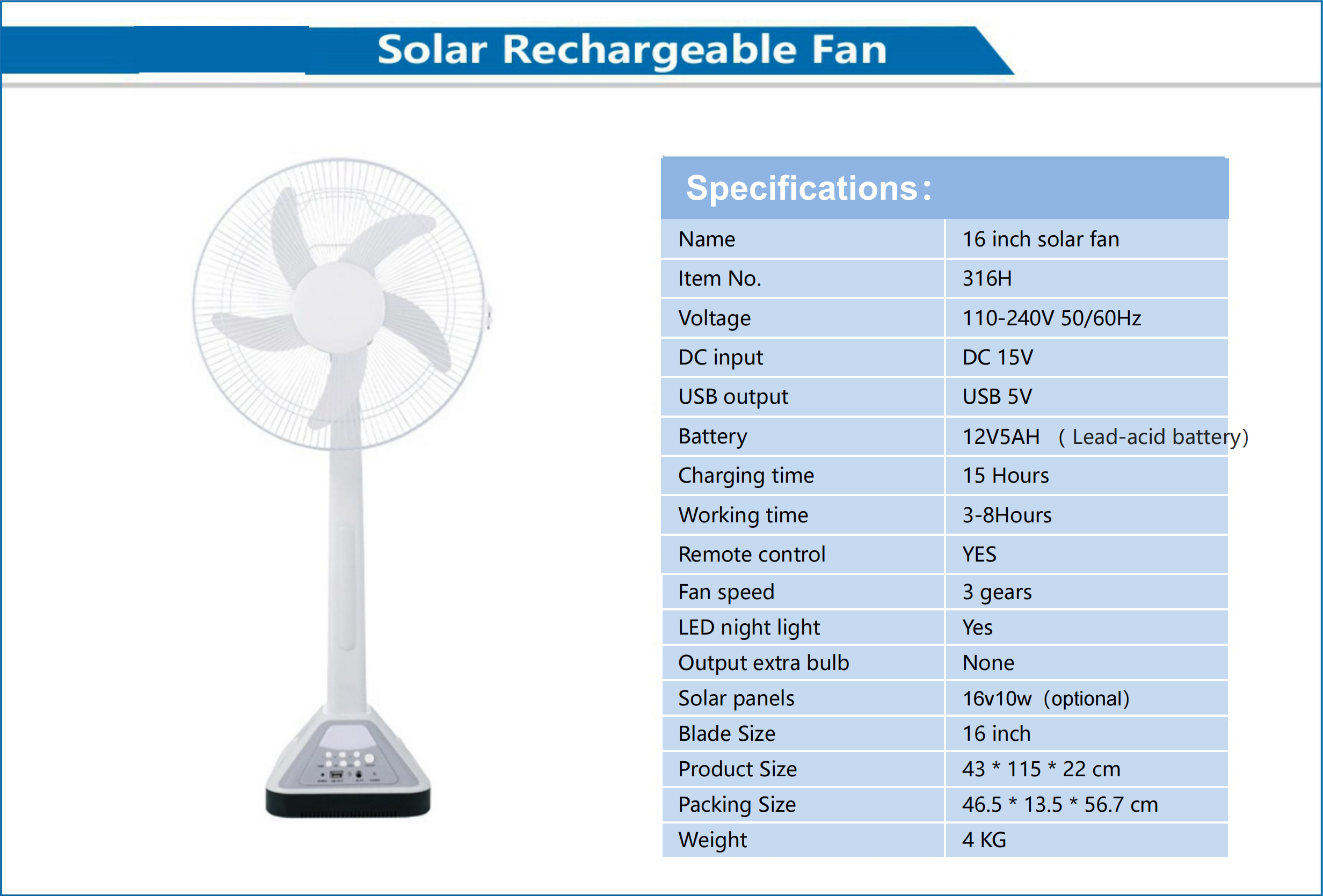 16 Inch Solar Rechargeable Fan